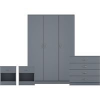 Riano 4 Piece Bedroom Set (1 Drawer Bedside Chest, 4 Drawer Chest, 3 Door Wardrobe), Grey