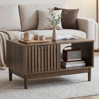 Tavolino da caffè in MDF noce 80 cm con vano contenitore, ripiani aperti e gambe in legno massello