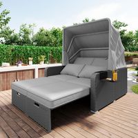 Conjunto de salón de jardín, sofá cama, sofá de jardín 2 plazas con parasol plegable, 2 pequeñas estanterías, gris