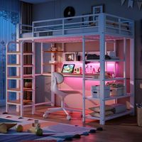 Lit mezzanine 90x200 cm avec LED, bureau et panneau perforé, lit enfant en métal avec prise européenne, étagères et petite tablette, blanc