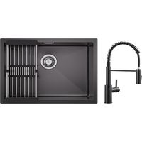 Lavello da cucina in acciaio inox 1 vasca 60×44 cm con cestello di scarico + miscelatore da cucina a molla nera con doccetta estraibile