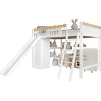 Letto a soppalco per bambini in legno massello e MDF bianco+naturale 90x200 cm con scivolo e armadi integrati