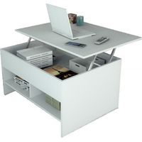 Beaux Meubles Pas Chers – Table basse relevable blanche 90 cm – Plateau relevable – 3 niches de rangement – Bois certifié FSC – Structure en panneaux mélaminés