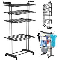 Étendoir à linge pliable 4 niveaux – Acier inoxydable antirouille – Compact pour intérieur et extérieur – Mobilité avec roulettes – Wevalley