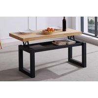 Pegane – Table basse relevable en bois chêne sauvage – Pieds métal noir – Dimensions 120x60x47 cm – Espace de rangement optimal