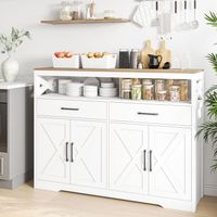 Buffet 140 cm, stile scandinavo con decorazioni a croce, 2 cassetti, 4 porte e mensole aperte, grande spazio di stoccaggio, per soggiorno e cucina – Bianco
