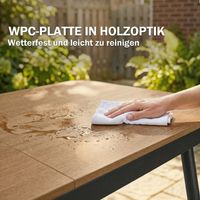 Table de jardin 140x80 cm pour 6 personnes, table d'extérieur résistante à la rouille avec plateau en bois composite WPC, pieds réglables, teck