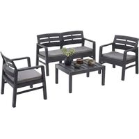 Dmora – Salon de jardin 4 places en polypropylène – 2 fauteuils, 1 canapé, 1 table basse – Étanche, déperlant, lavable, résistant aux UV – Pour espaces extérieurs