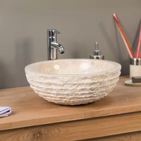 Wanda Collection – Vasque à poser en marbre crème 40cm – Ronde – Extérieur brut sculpté – Intérieur poli – Pour salle de bain moderne