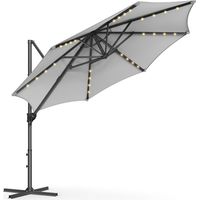Songmics – Parasol déporté 300 cm – 28 LED solaires – Protection UPF 50+ – Inclinaison 0-60° – Rotation 360° – Base en croix – Gris tourterelle