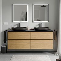 Unterschrank Bernstein LAVOA 160cm für Aufsatzwaschbecken Badmöbel: Eiche Honiggold, Metallgriff: Chrom, Waschtischplatte: Mitternachtsblau matt