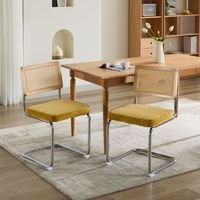 Chaises de salle à manger style Mid-Century Modern (Lot de 2) — Chaises d'appoint en velours avec dossiers en rotin naturel et piètements en acier inoxydable chromé Chaises de cuisine rembourrées en