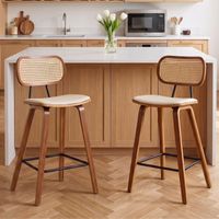 Wahson Rattan Bar Stools Set of 2 - Rustic Wooden Counter Chairs with Rattan Back for Home Bar Kitchen, Beige
