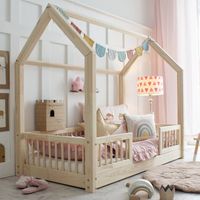 Lit cabane 90x190 barrières et sommier inclus pieds 1 cm Sofia Bois
