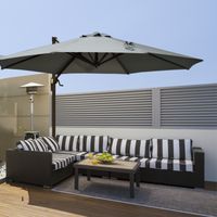 Parasol déporté octogonal inclinable, rotation 360°, pied croisé, 8 baleines, manivelle incluse, châssis alu/acier Ø 3 x 2,5H m, gris foncé