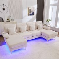 Neche – Canapé d'angle en U avec éclairage LED – Tissu velours côtelé – Cadre en bois massif – 4 coussins confortables – Port USB intégré – Beige