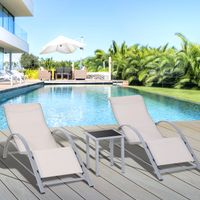 Set di 2 Lettini Prendisole e Tavolino con Piano in Vetro, 59x169x66 cm, Crema