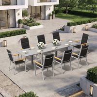 Ensemble Table Chaise Jardin 8 personnes,Table Jardin Chaise en Aluminium,8 Chaises Jardin Accoudoirs Imitation Bois et 1 Table Jardin Extensible,Imperméable, Antirouille,Tout Temps,Gris Clair