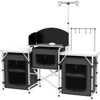 Cucina da campeggio pieghevole 3 piani 5 ripiani interni 4 ganci 172x48x130 cm nero