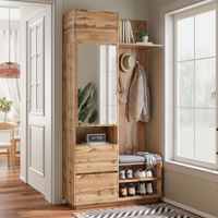 Ensemble de meubles d'entrée 190 cm, Armoire d‘entrée avec miroir - Banc intégré, étagères à chaussures et crochets - meuble d'entrée - Naturel
