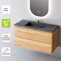 Meuble de salle de bain plan vasque Grès Cérame Noir, 2 Tiroirs,l80xh54xp45, Chêne Clair, STEP