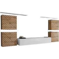 Ensemble meuble salon SWITCH IV. Coloris chêne wotan et blanc. Finitions chêne fraisé et blanc brillant .