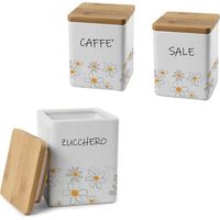 TRIS QUADRATO DAISY SALE. ZUCCHERO E CAFFÈ IN CERAMICA CON TAPPO IN LEGNO 10X13 CM