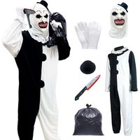 Costume Clown Tueur,Halloween Costume Clown Tueur,masque de terrifieurHomme avec Combinaison Noire Blanche et Chapeau de Clown Masque pour Halloween Carnaval