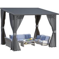 YODOLLA 3x2.4m Lean-to Gazebo Wall-Mounted Metal Hardtop Roof Pergola with Curtains and Mosquito Netting
