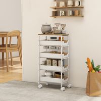 Carrito de cocina de 5 niveles, con aspecto de madera, con ruedas, estructura metálica, 4 cajones, blanco.