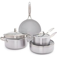 GreenPan Venice Pro Tri-Ply Set di pentole e padelle in ceramica antiaderente a tre strati in acciaio inox, senza PFAS, multiaderenti, a induzione, lavabili in lavastoviglie, adatto al forno, argento