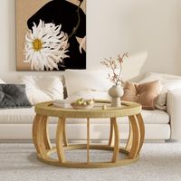 Vintage Rattan Solid Wood Round Coffee Table, Curved Legs Boho Accent Table for Dining Room, Kitchen And Living Room,Natural
