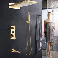 Système de douche avec thermostat (doré), mitigeur de douche, douche à effet pluie, colonne de douche, pommeau de douche, douchette à main, douchette de sol