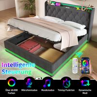 Letto contenitore Letto imbottito per adulti 180 x 200 cm con funzione di ricarica LED e USB Type-C, tessuto di lino, grigio, senza materasso, senza base