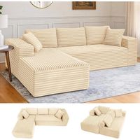 Canapé d'angle en Forme de L, Canapé Modulaire 105" avec Assise Profonde, Canapé Entièrement Compressé, Canapé 3 Places pour Salon et Chambre, Aucun Assemblage Requis, Velours côtelé, Beige
