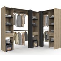 Idmarket – Dressing extensible d'angle 230 x 140 x 180 cm – Bois hêtre et noir – 4 penderies, 12 étagères, 3 tiroirs – Rideaux noirs inclus