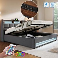 Cama tapizada 140/200 cm gris de lino con LED, USB y arcón abatible
