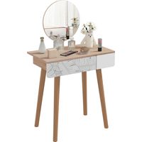 Coiffeuse avec miroir rond Ø 39 cm, tiroir et décor jungle, 70 x 39 x 119-128 cm, blanc et chêne fabrication en bois solide ou MDF de haute qualité, finition résistante aux taches et à l'humidité, ...