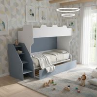 Letto a castello salvaspazio con terzo letto estraibile e scala laterale - Ideale per camerette - Bianco e Avio