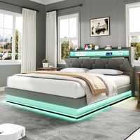 5ft King Upholstered Bed Frame with Hydraulic Storage, LED Headboard, USB and Type-C Ports, Linen, Grey (No Mattress)