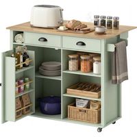 Îlot central de cuisine vert avec plateau pliant, desserte sur roulettes, 2 tiroirs et porte-serviettes, idéal pour rangement et gain de place.