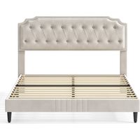 Upholstered Bed Frame with Cozy Button Tufted Headboard & Adjustable Height, Wood Slat Support CHELSEY DOUBLE BEIGE