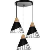 Axhup – Suspension luminaire industrielle 3 lumières en disque – Fer et bois noir – Douille E27 – Ø25x30cm – Longueur câble 100cm réglable