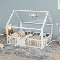 Hochbett 140x200 cm – Kinderbett mit Lattenrost – ohne Matratze – Zierleisten, Geländer – Metall – weiß