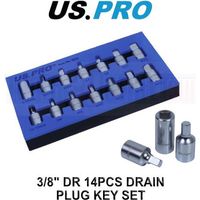 US PRO Tools 3/8" dr 14pc Drain Sump Plug Key Set, Engine Gearbox Diff 3225