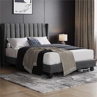 Homevive Cama tapizada 140 x 200 cm Cabecero a Rayas con Alas Láminas de Madera y Metal Cama Matrimonial Color Gris Oscuro
