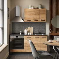 Cucina completa R-Line, Rovere dorato/antracite, 160 cm con base forno e lavello senza PL, Vicco