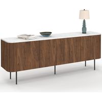 Idmarket – Buffet bas 160 cm 4 portes – Effet noyer et marbre blanc – Dimensions 160x35x60 cm – Panneaux de particules et pieds métal