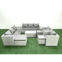 Fimous Outdoor Rattan Sofa Garden Furniture Set with 2 Armchairs Oblong Coffee Table 3 Footstools Side Table Light Grey Mixed