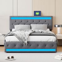 JOOKGBD-Polsterbett 140x200 cm mit LED und USB,Doppelbett mit 4 Schubladen,Boxspringbett mit Stauraum und Lattenrost,Jugendbett Rückenlehne Bettgestell,Ohne Matratze,Leinen,Dunkelgrau